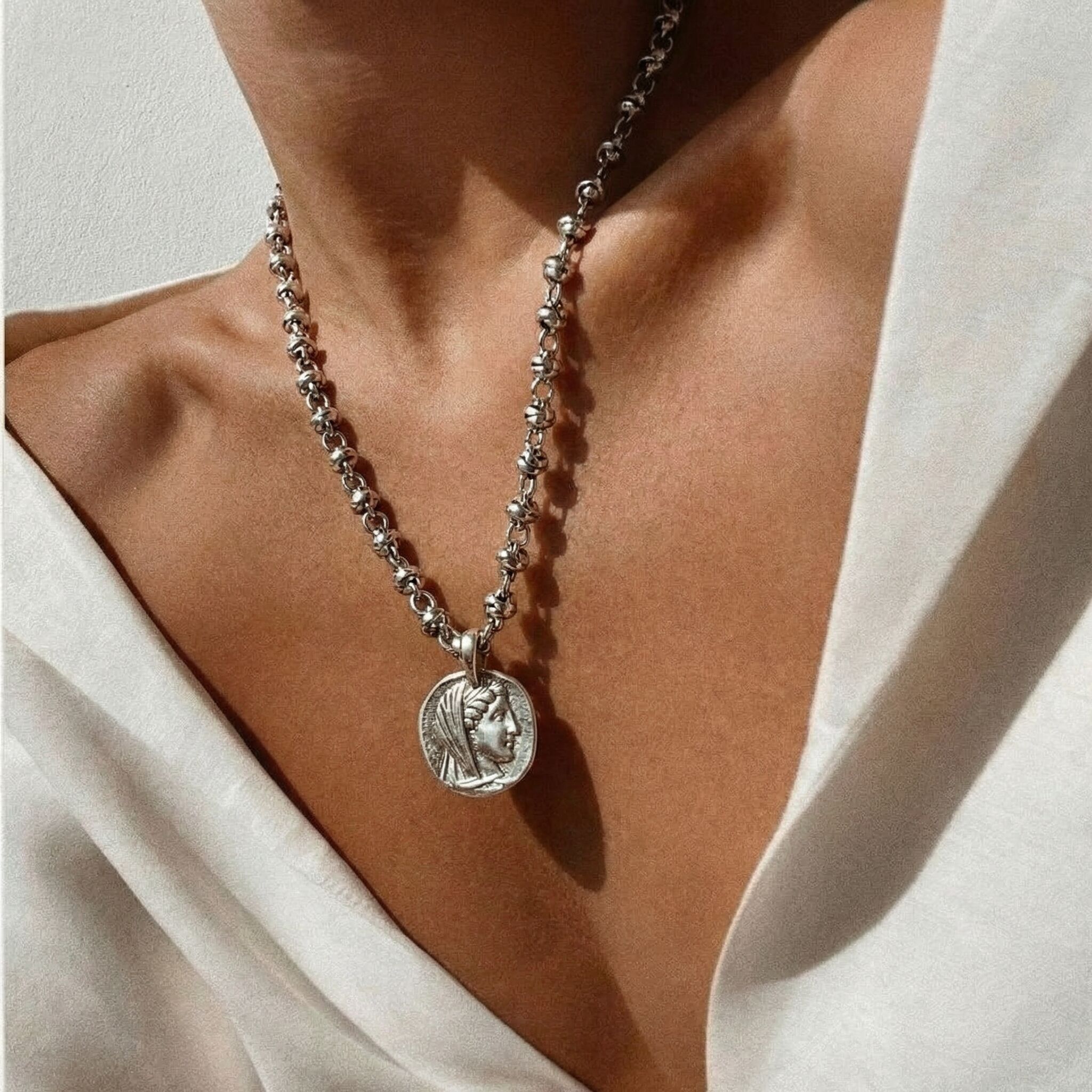 Ancient Greek Coin Silver Chain Necklace