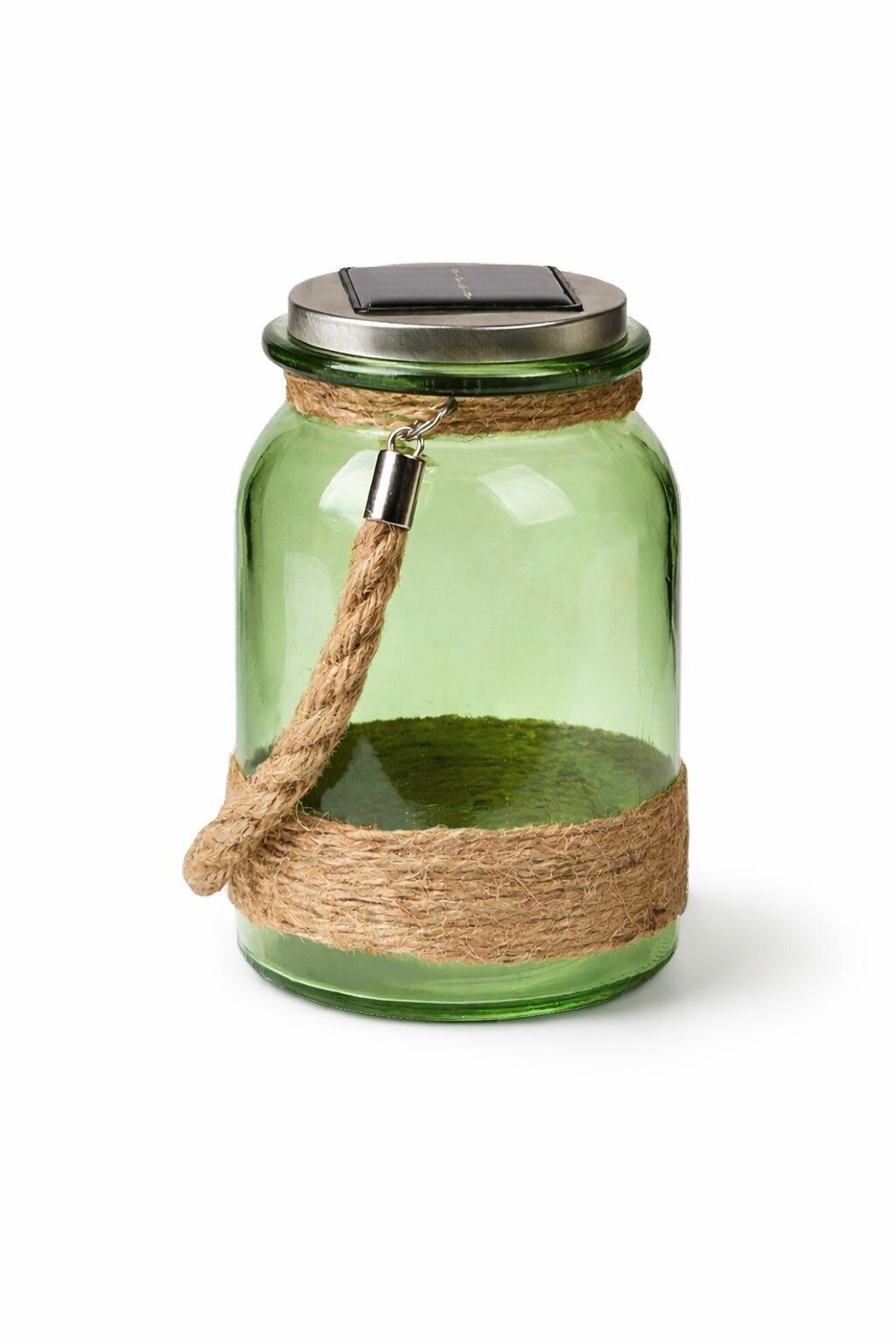 Green glass LED Lanterns with solar panel and wrapped rope