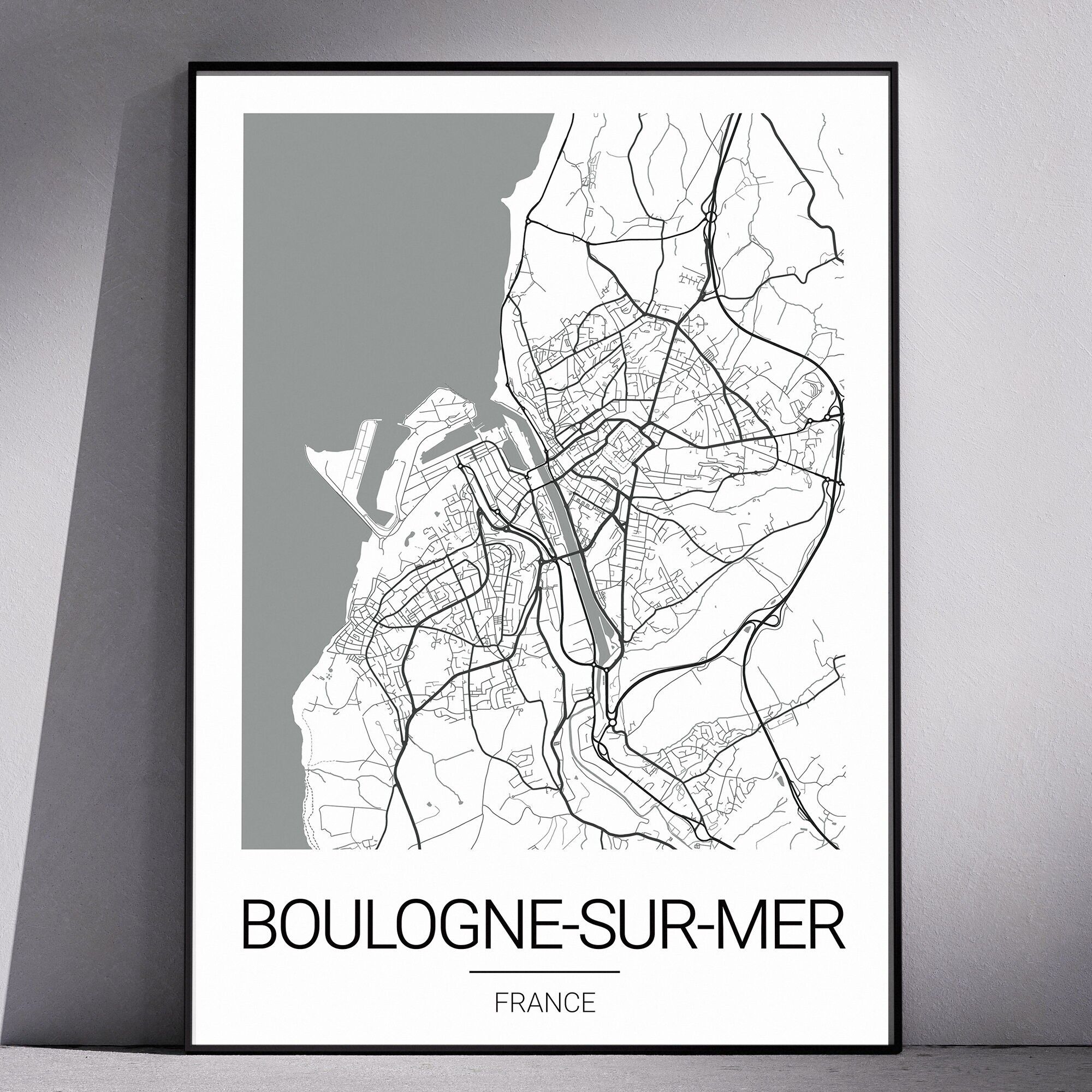 Affiche plan de ville France - Boulogne-sur-Mer / Affiche Plan de Ville Minimaliste / Du format A6 au A3