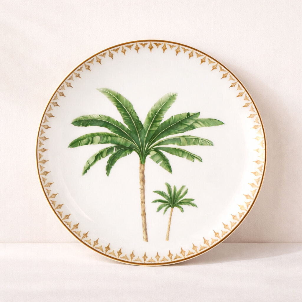 20cm porcelain dessert plate with palm tree motif - ATLAS