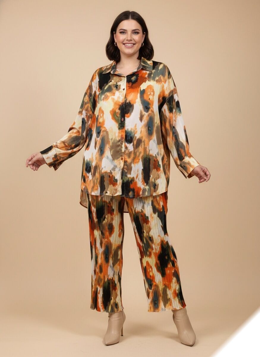 Abstract print shirt and pleated pants set - F2652 - Lusa Mode