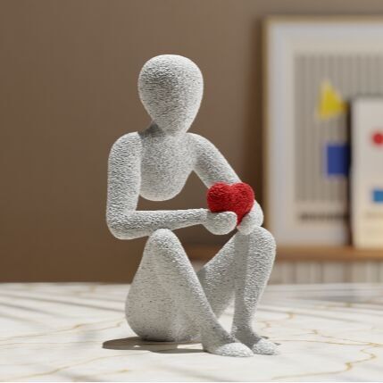 Human Figure Sculpture Holding a Heart, Minimalist Decor Art