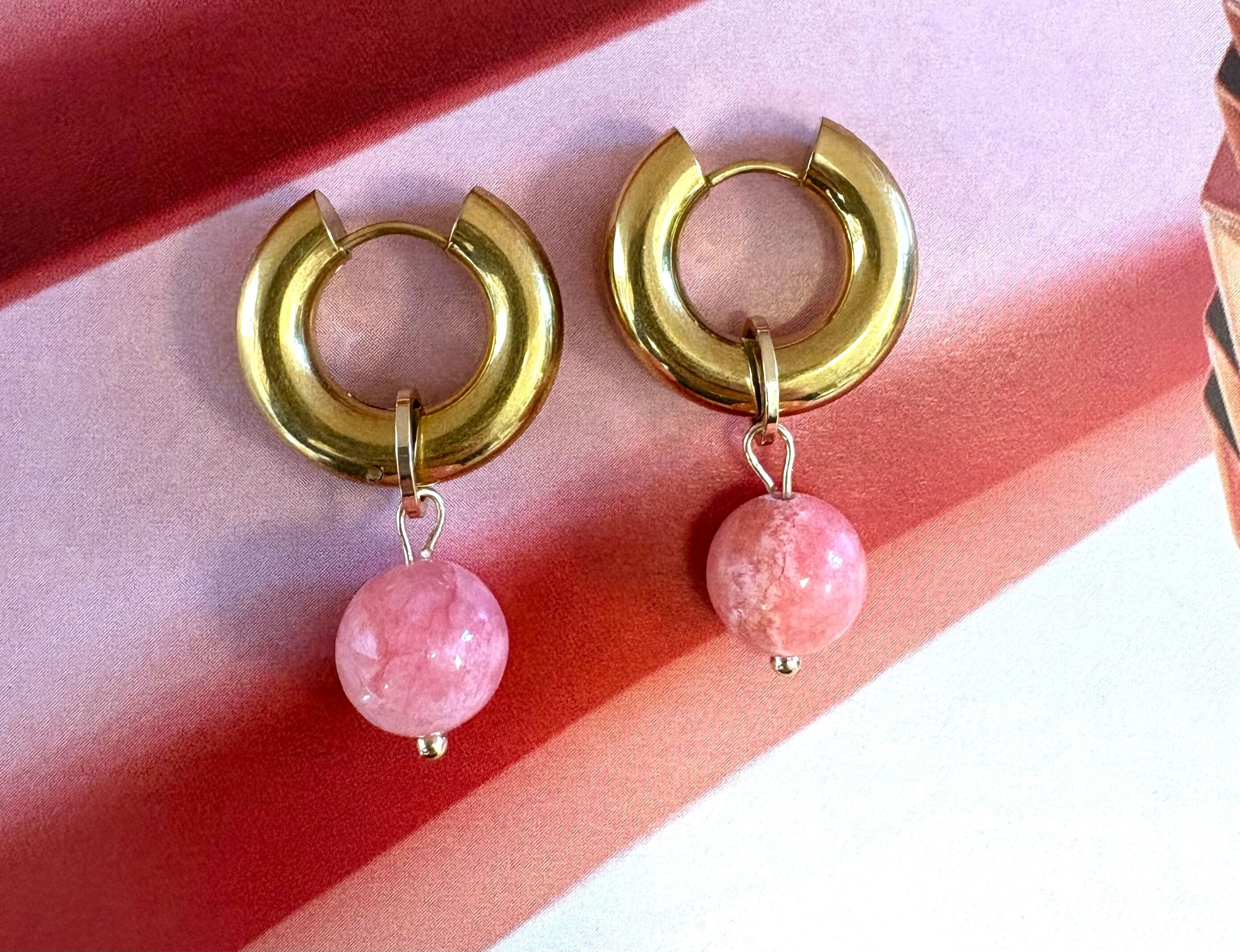 Earrings gold pink rhodochrosite