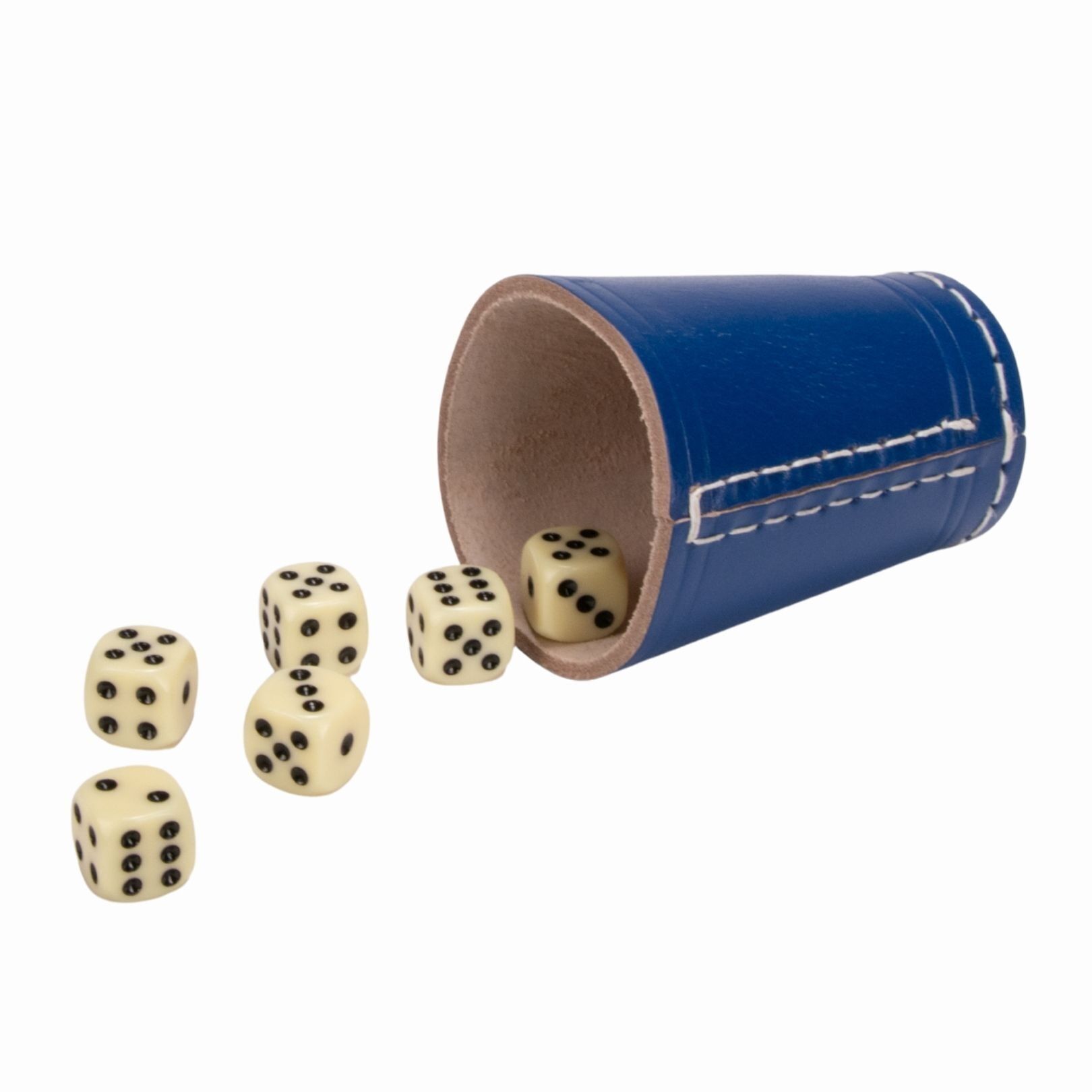 Würfelbecher blau (echt Leder) Standard (9 cm) mit 6 Würfeln 5904