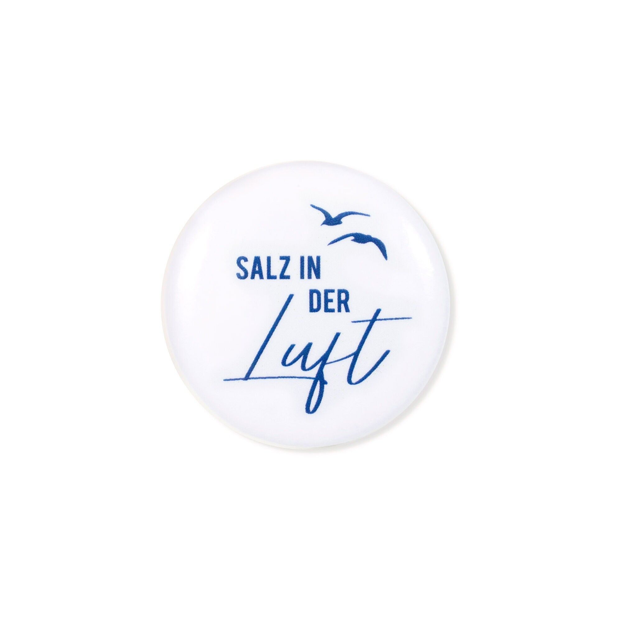 "Salt in the Air" Magnet – Maritime lettering with seagulls – Blue/White – Ø 3.7 cm – Refrigerator & Whiteboard