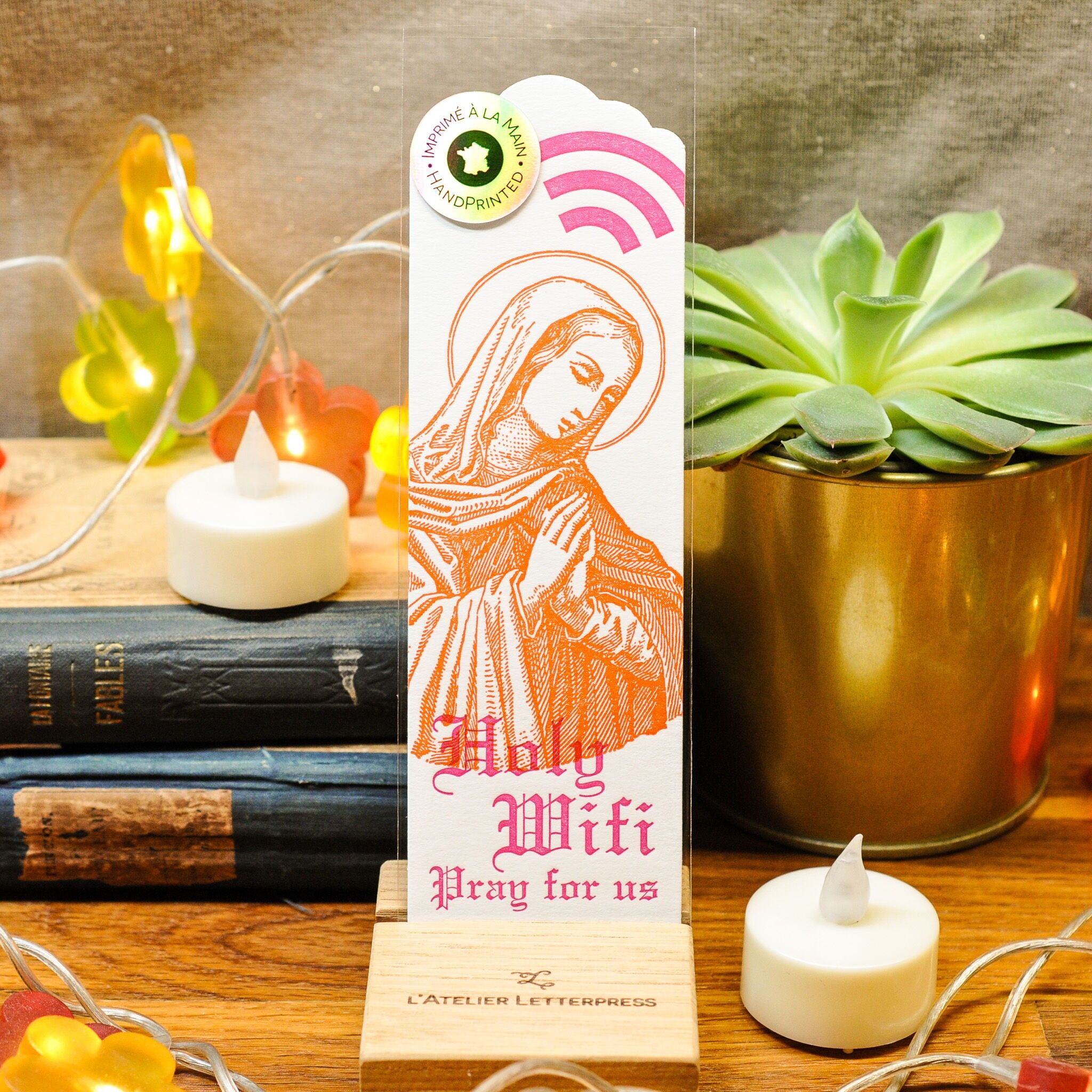 Letterpress bookmark, Saint Wifi, vintage, colorful humor