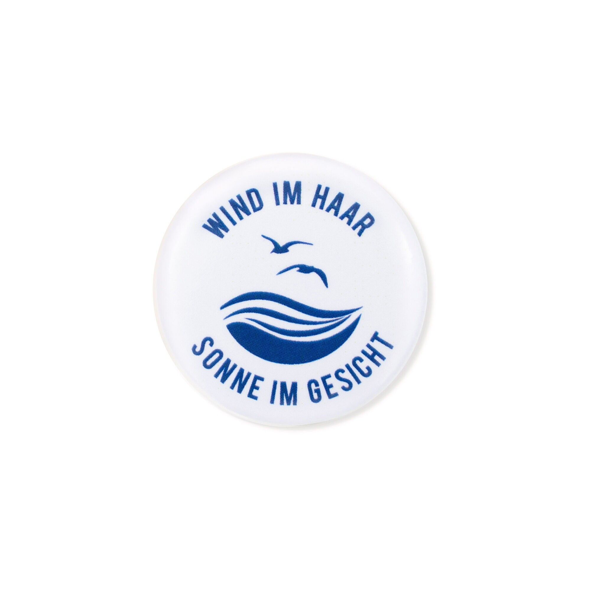 Magnet "Wind in Hair - Sun on Face" - Maritime Sea Motif - Blue/White - Ø 3.7 cm - Refrigerator & Whiteboard
