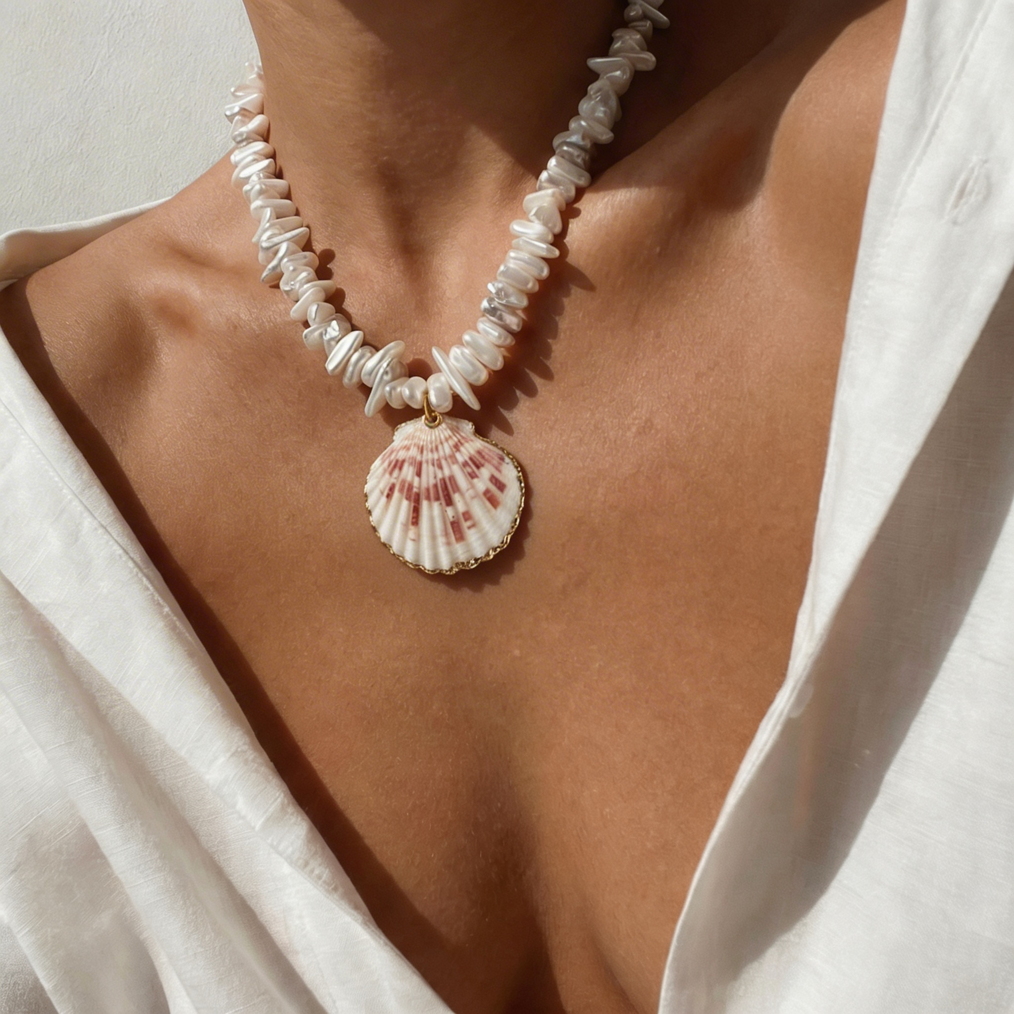 Statement Scallop Shell Necklace on shell pearl chips