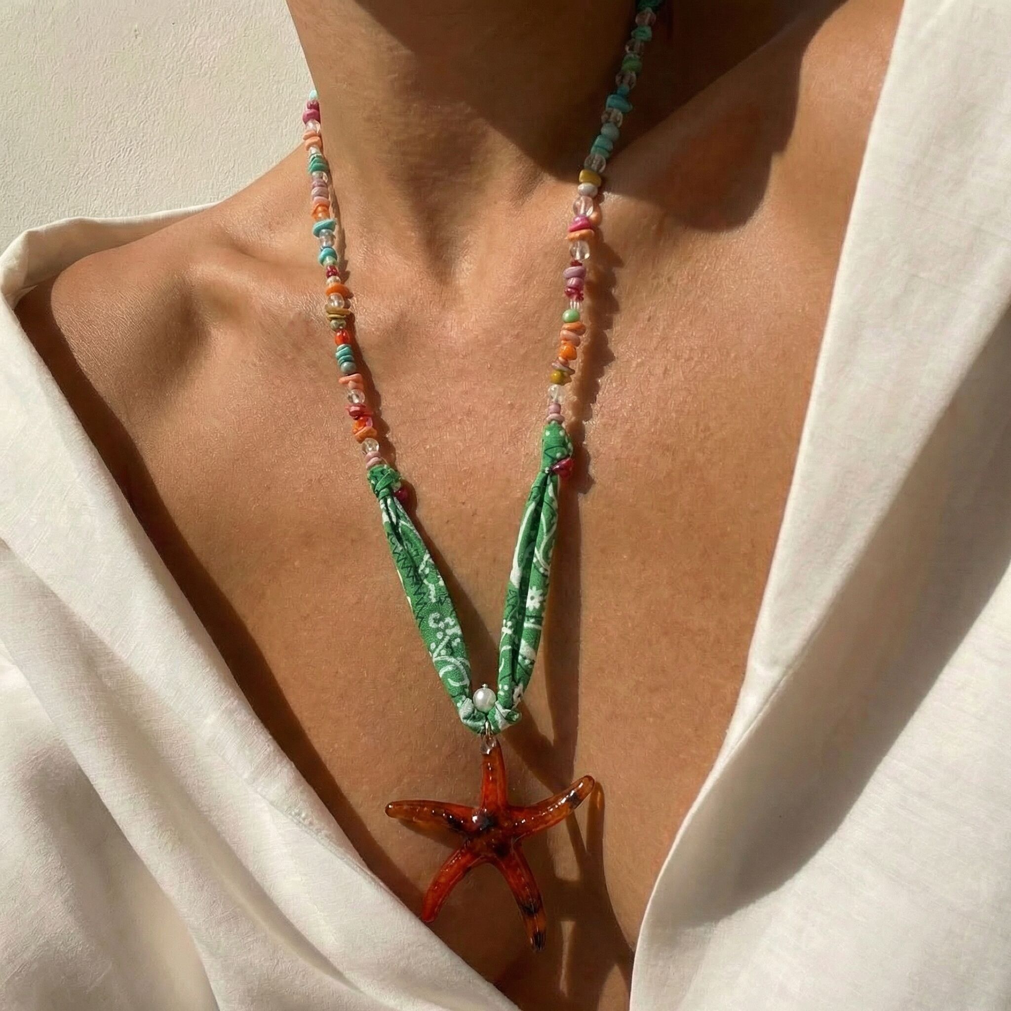 Green Bandana Brown Starfish Necklace — Semiprecious Chips