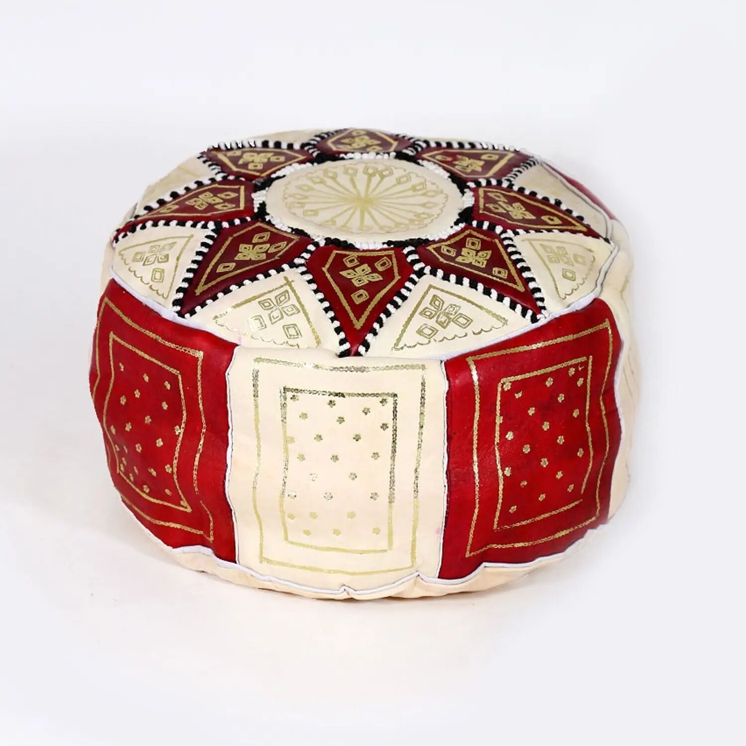 Handcrafted Moroccan Leather Pouf – White & Brown Two-Tone Artisan Ottoman