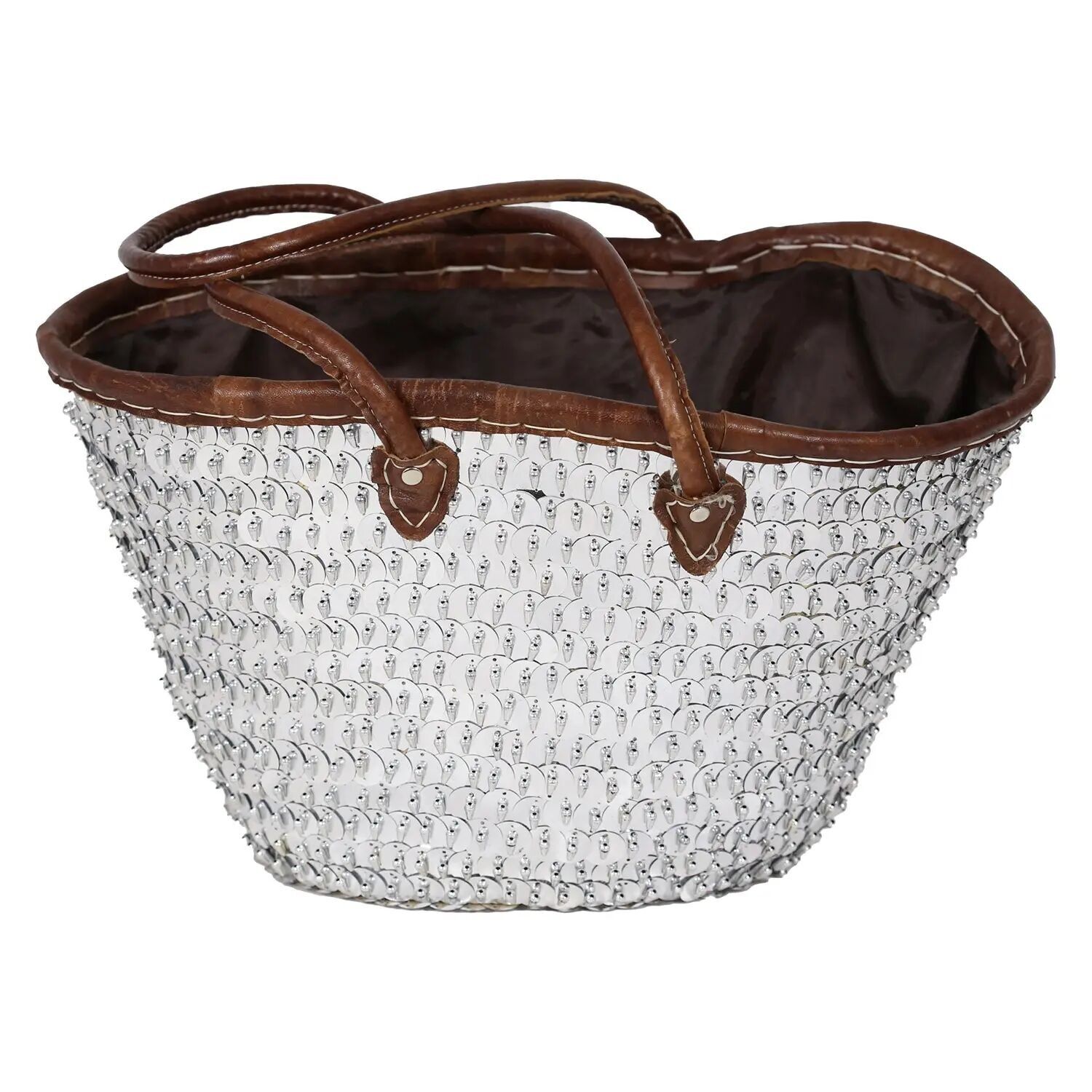 Artisan Embellished Moroccan Basket – Sustainable Palm Leaf & Sequin Decor