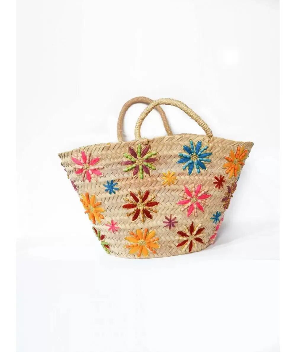 Artisan Flower-Embellished Moroccan Basket – Handcrafted Eco-Friendly Storage