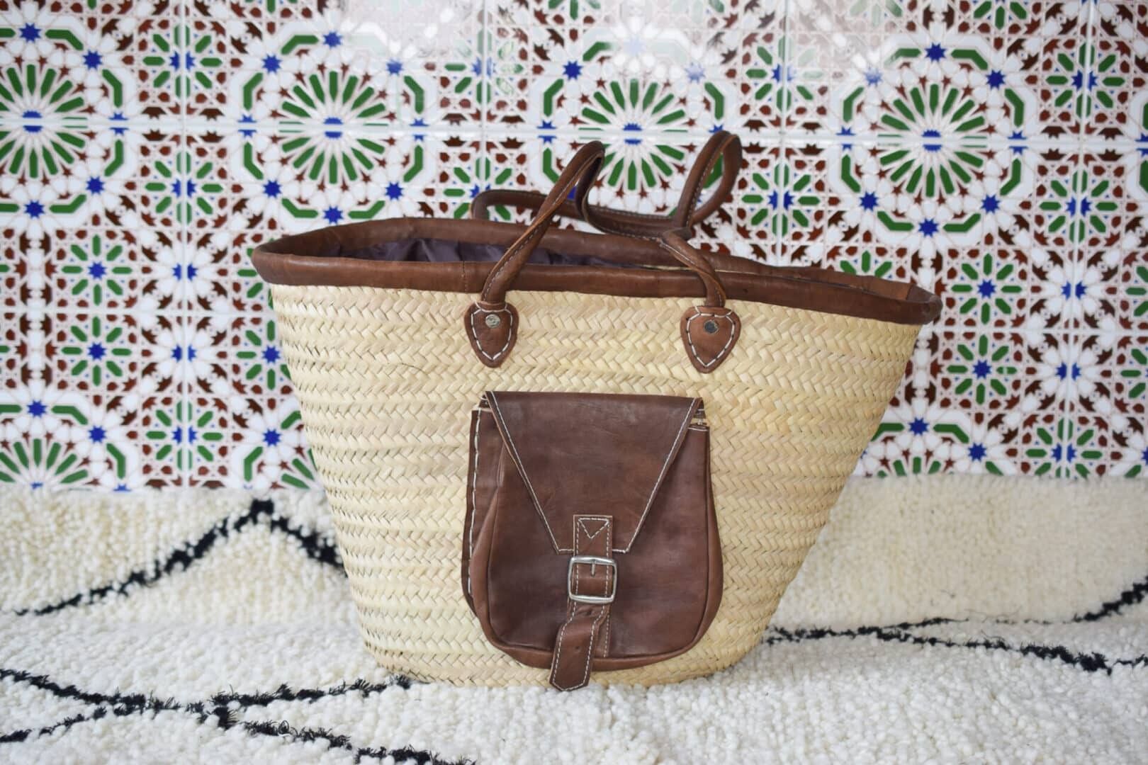 Moroccan Leather-Trimmed Market Tote – Handwoven Sustainable Straw Basket