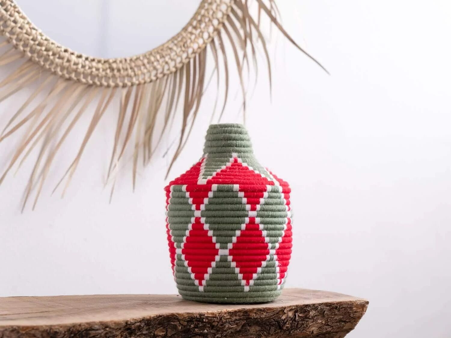 Handmade Decorative Moroccan Basket – Artisan Wool-Embellished Decor