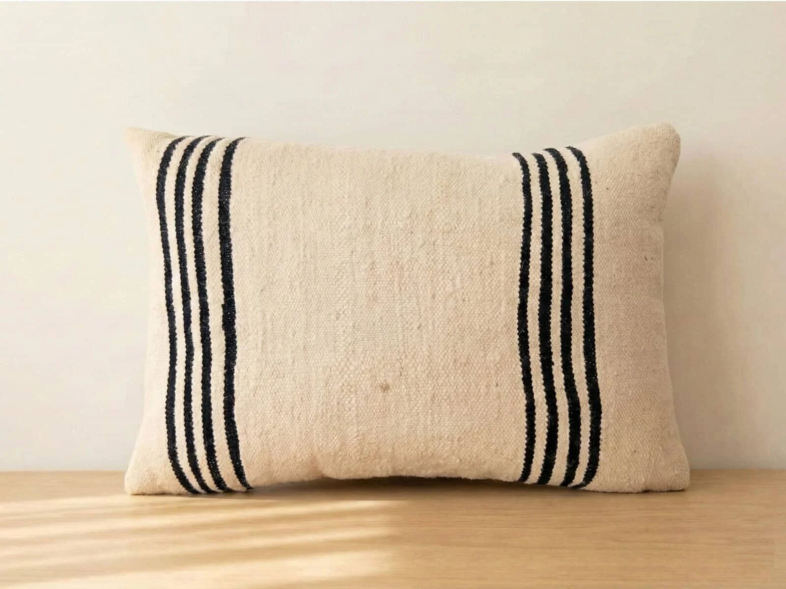 Artisan Moroccan Wool Pillow – Handwoven Oversized Tonal Striped Lumbar