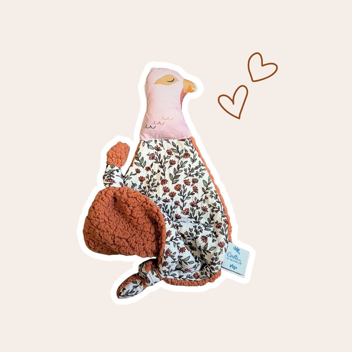 Doudou Oiseau bi-matières fleurs et teddy marsala