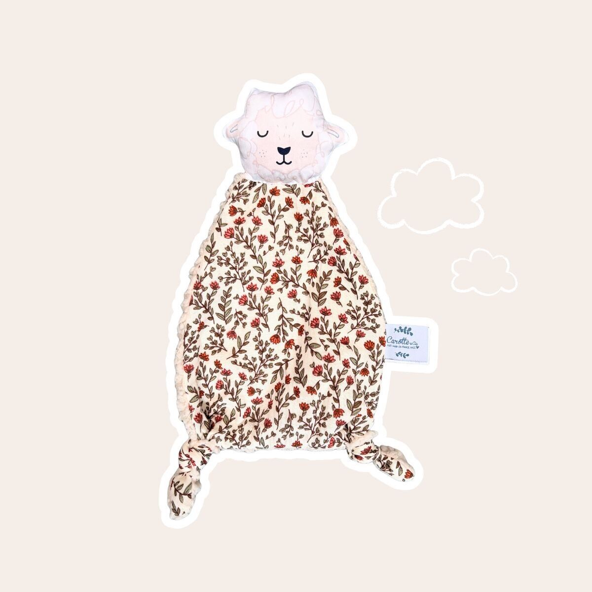 Doudou Mouton bi-matières fleurs et teddy beige