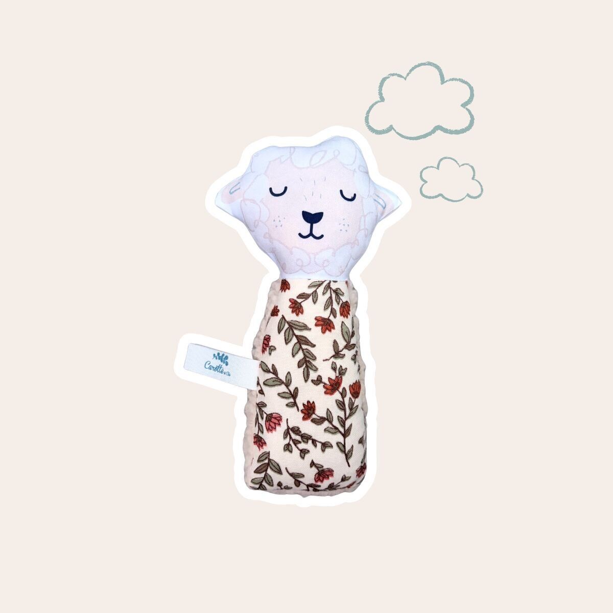 Hochet gling-gling Mouton blanc bi-matières fleur et teddy beige