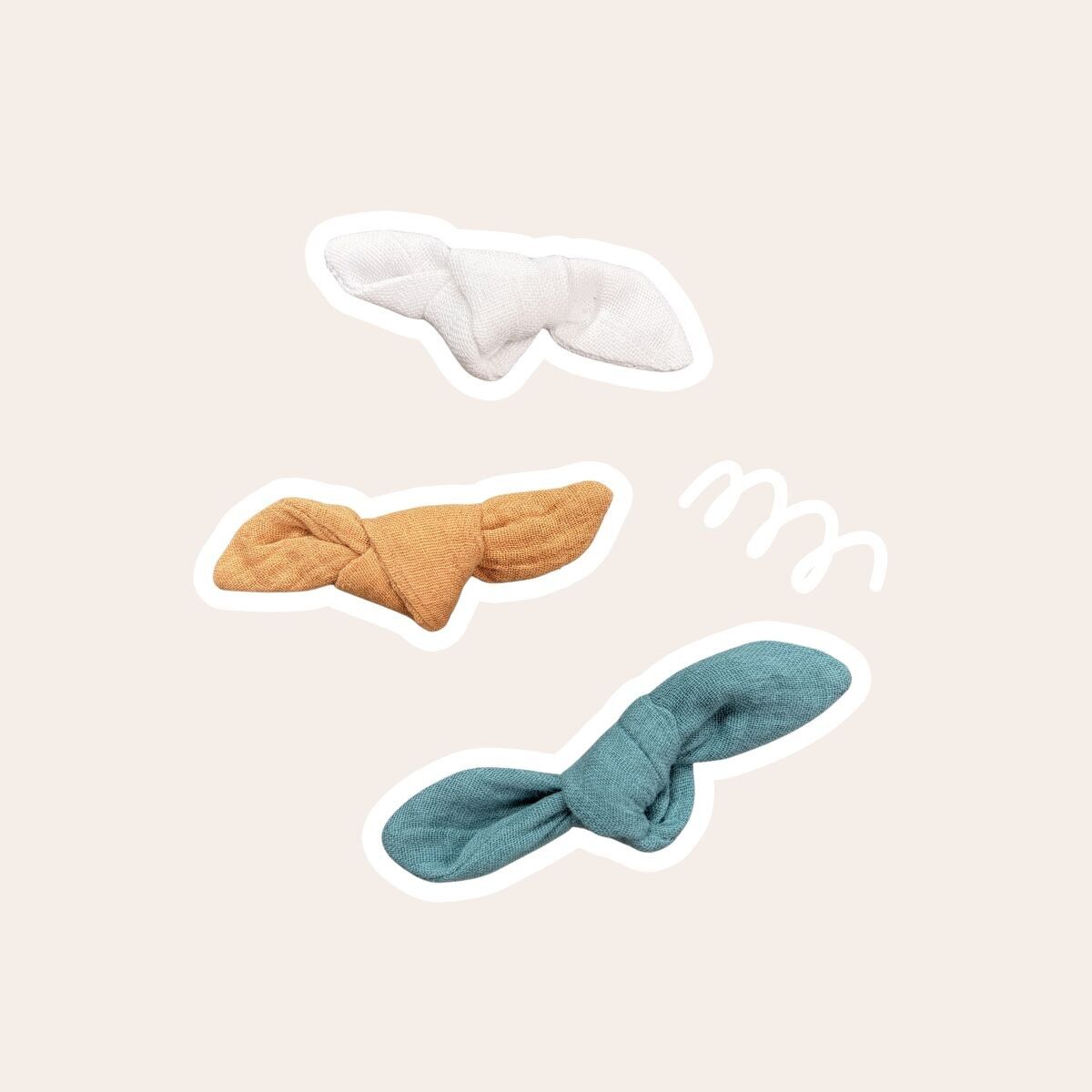 Lot de 3 barrettes clip en double gaze de coton camel-vert-blanc