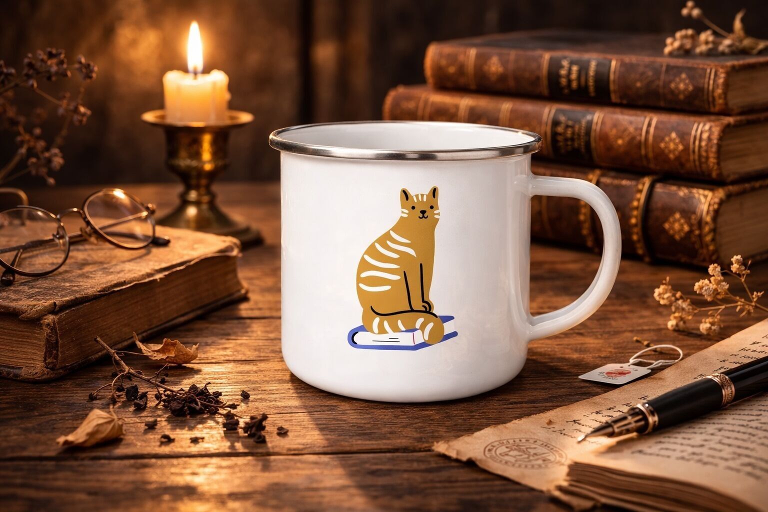 MUG ÉMAILLÉ RETRO CAT AND BOOK (AVEC SA BOÎTE CADEAU)