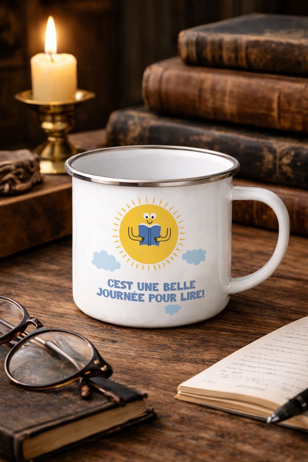 MUG ÉMAILLÉ RETRO UNE BONNE JOURNÉE POUR LIRE (AVEC SA BOÎTE CADEAU)
