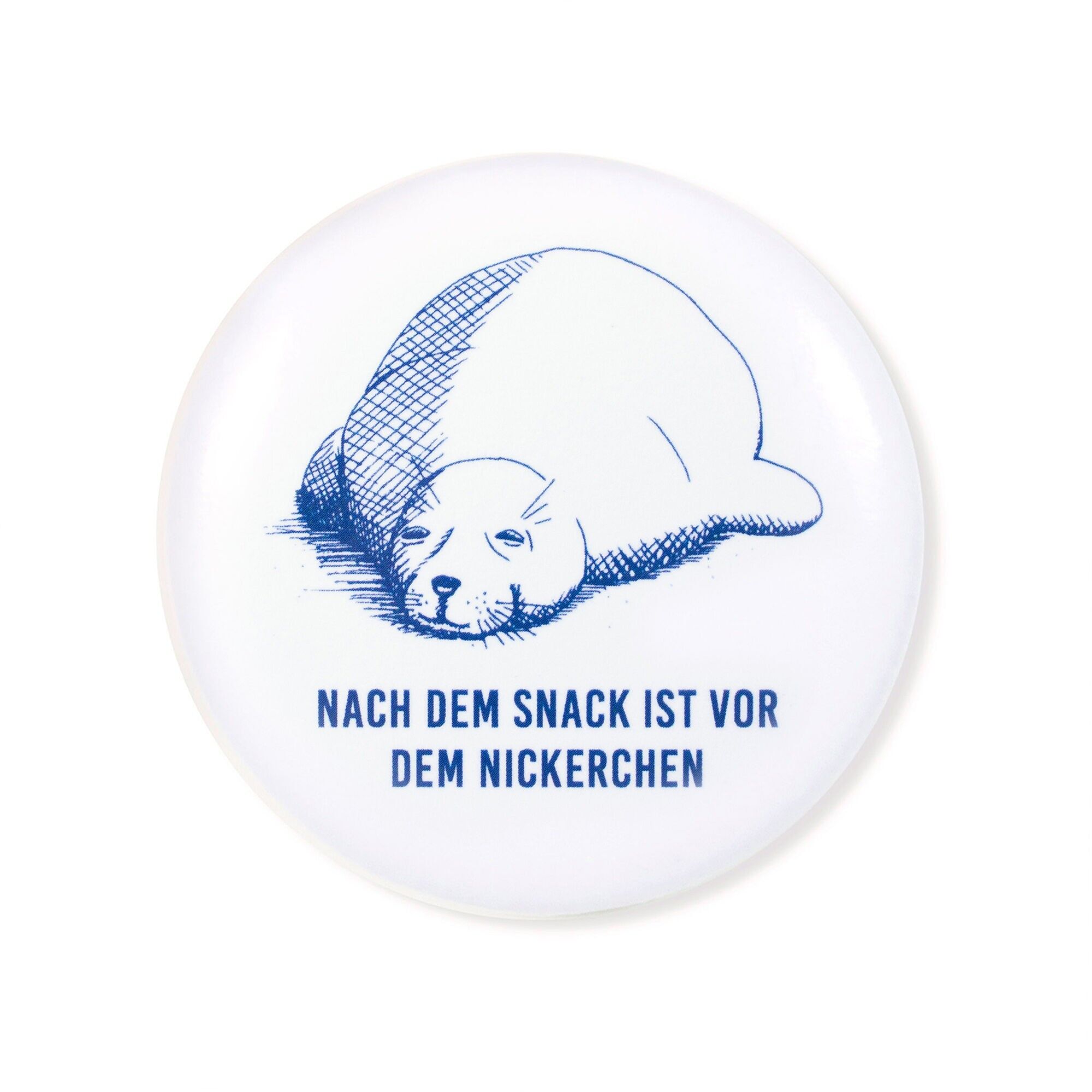 "Seal after a snack" magnet – Maritime seal motif with saying – Blue/White – Ø 5.6 cm – Refrigerator & Whiteboard