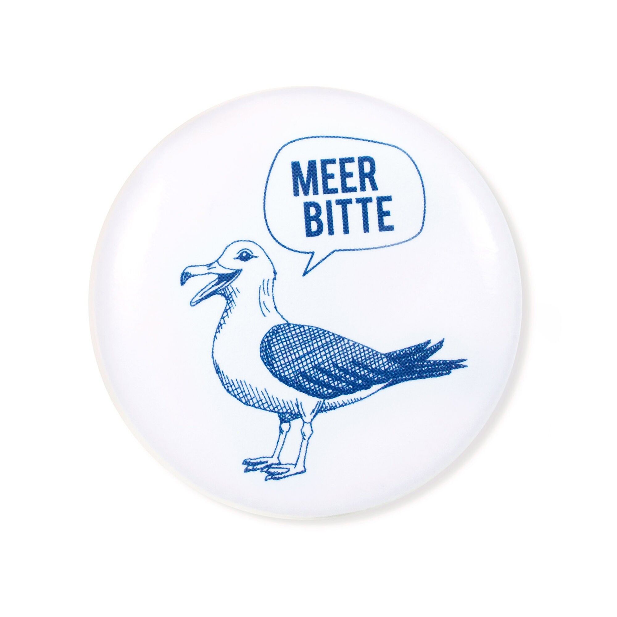 "Sea Please Seagull" Magnet – Maritime Seagull Motif – Blue/White – Ø 5.6 cm – Refrigerator & Whiteboard