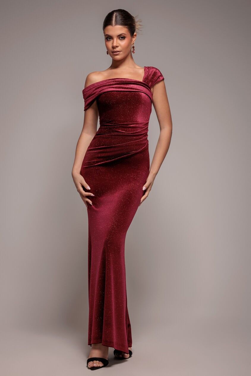 Glitzerndes Samt-Maxikleid mit One-Shoulder-Schulter DR5026
