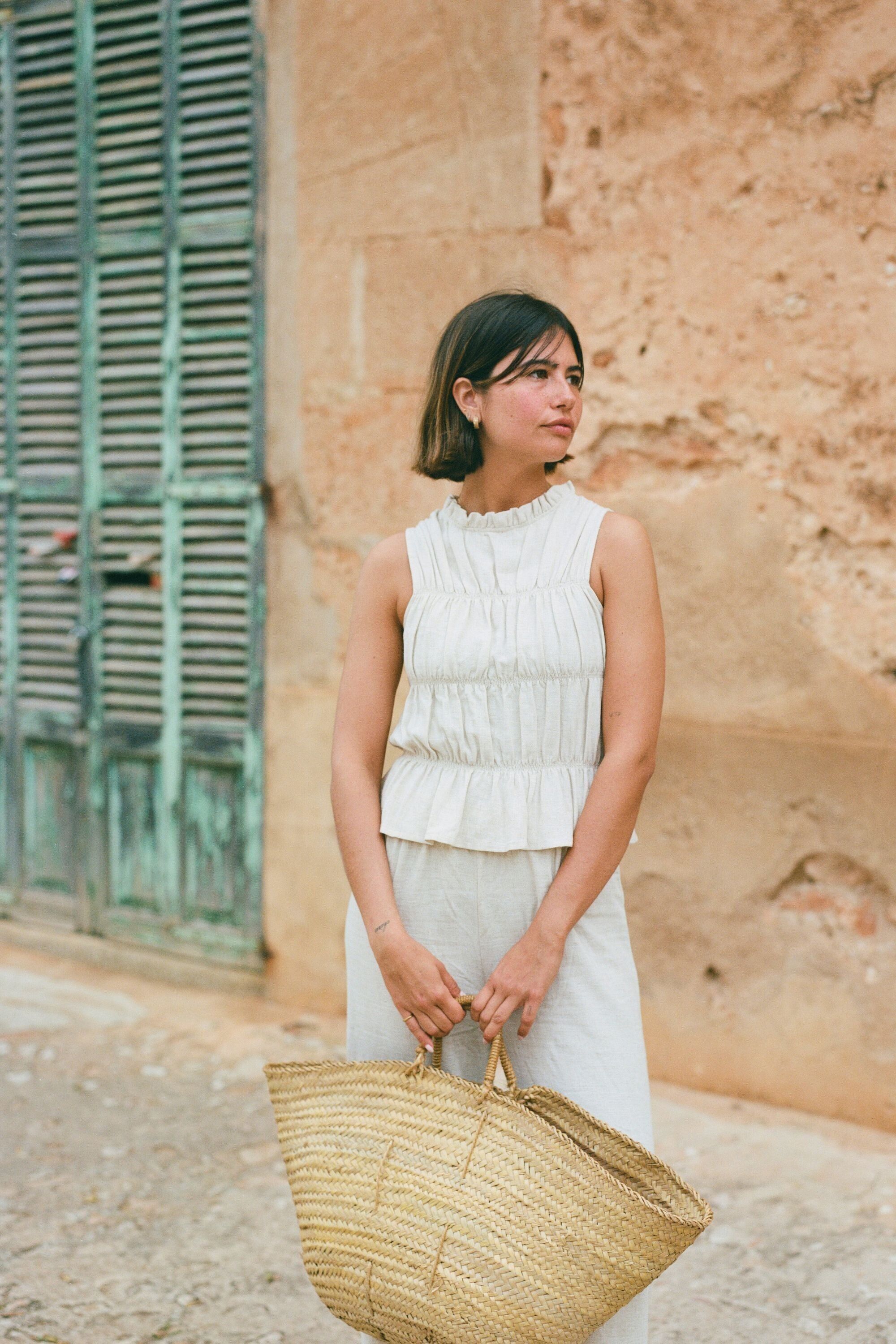 High Neck Linen Top - Beige