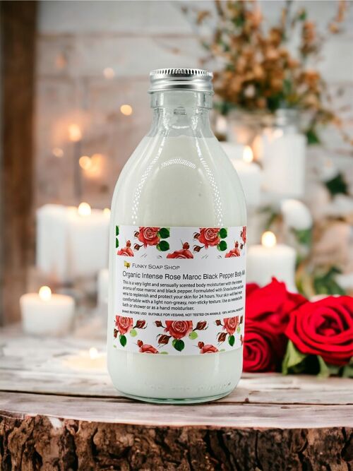 ORGANIC Intense Rose Maroc & Black Pepper Body Milk,  Glass bottle of 250ml