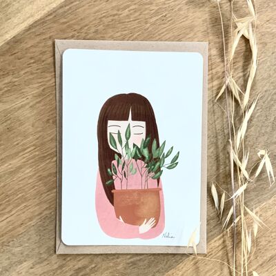 Carte illustrée "La fille à la plante", carte A6 avec son enveloppe kraft