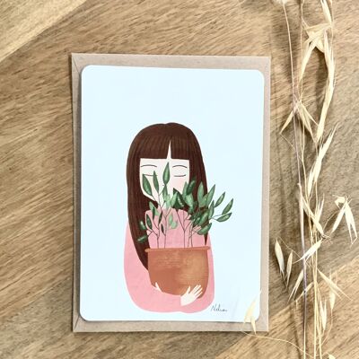 Tarjeta ilustrada "La niña con la planta", tarjeta A6 con su sobre kraft