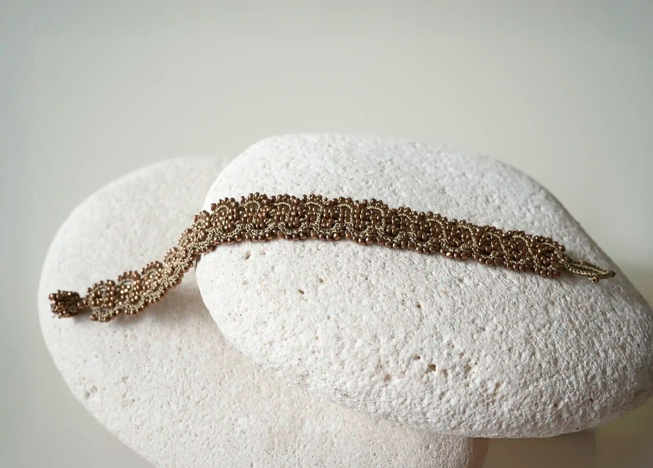 Hand-crocheted wire and bead bracelet, Bark design