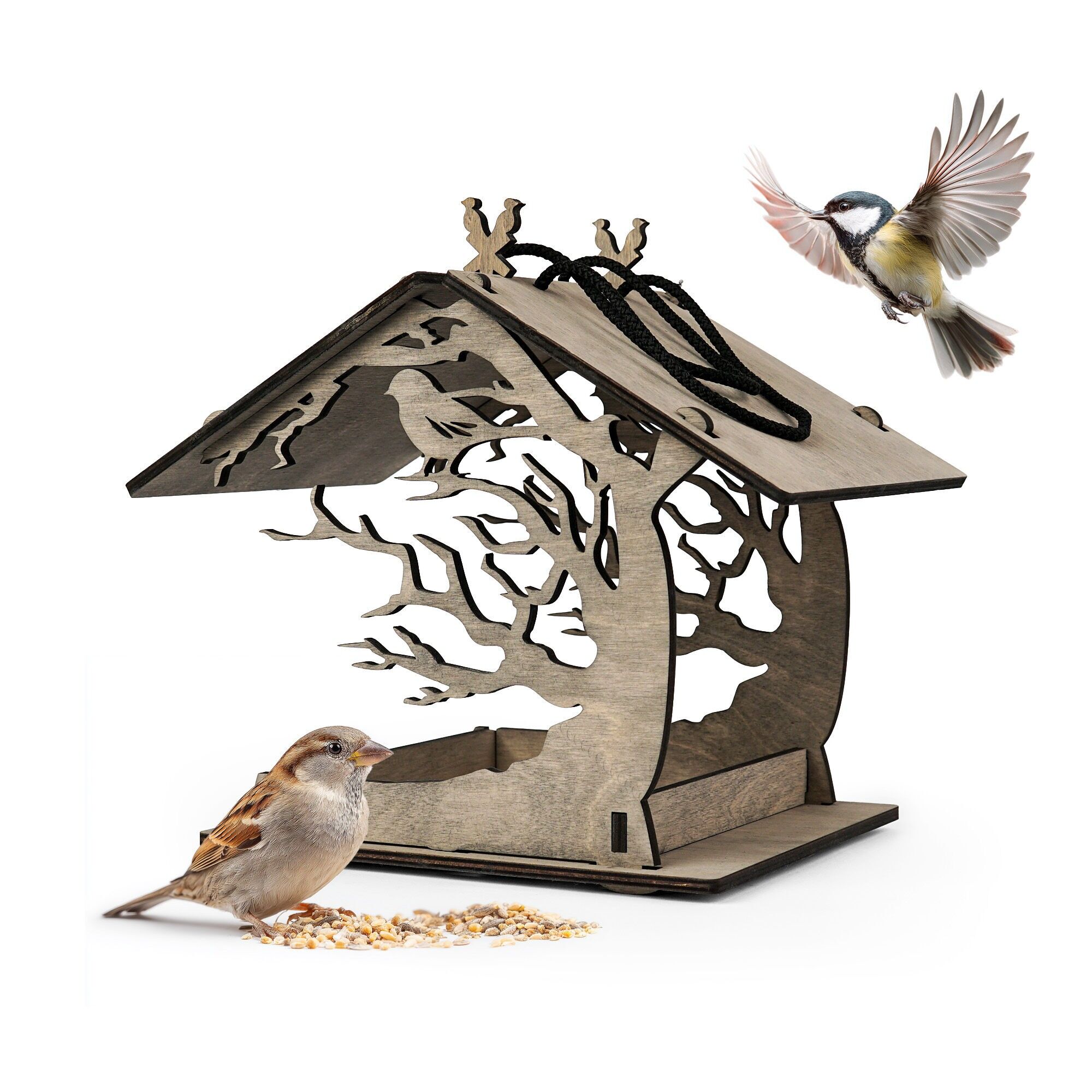 Wooden Hanging Bird Feeder, Outdoor Backyard Feeder for Small Birds