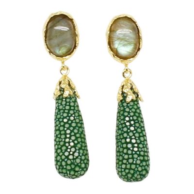 Long Earrings in Green Galuchat with Labradorite
