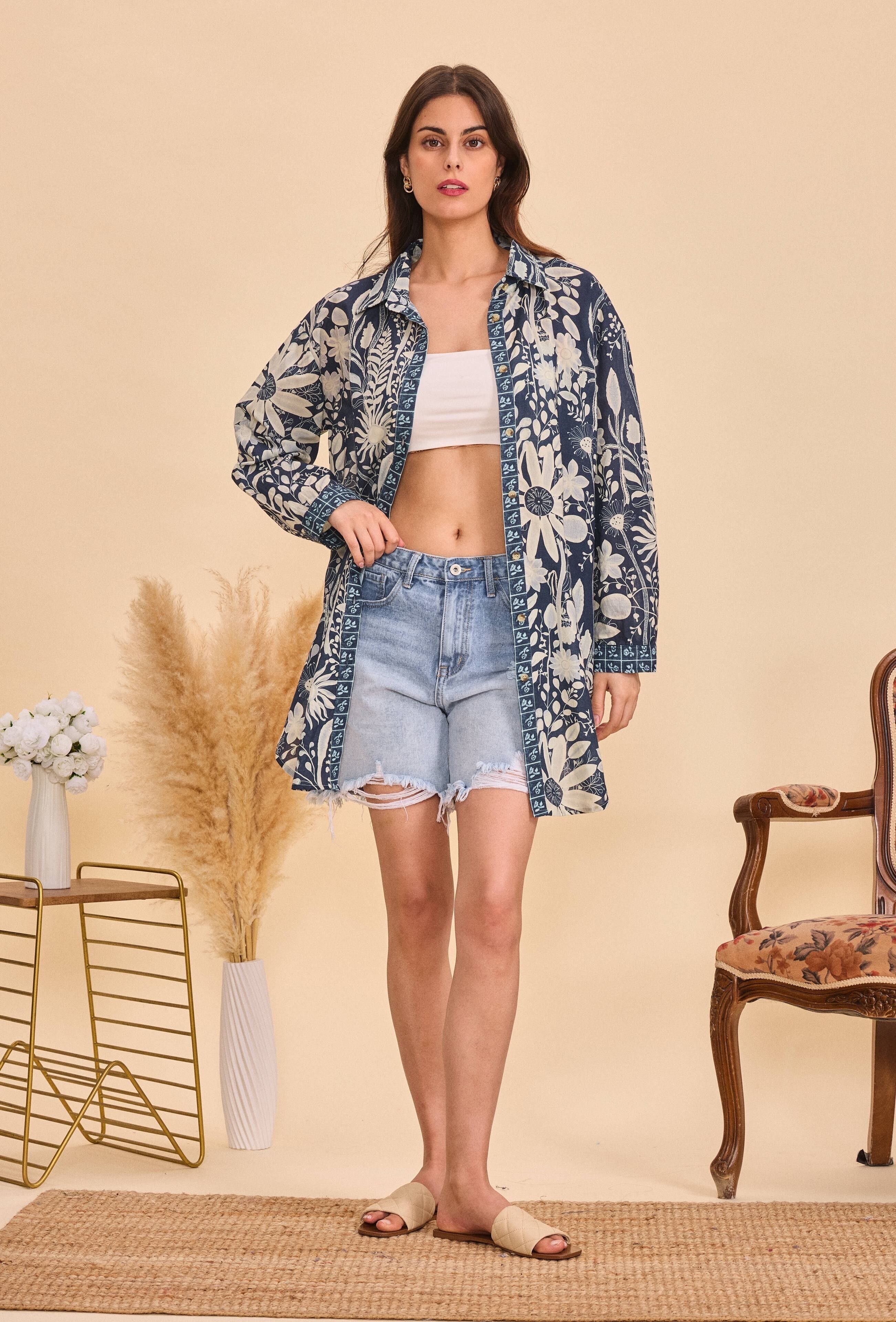Long-sleeved printed cotton shirt
