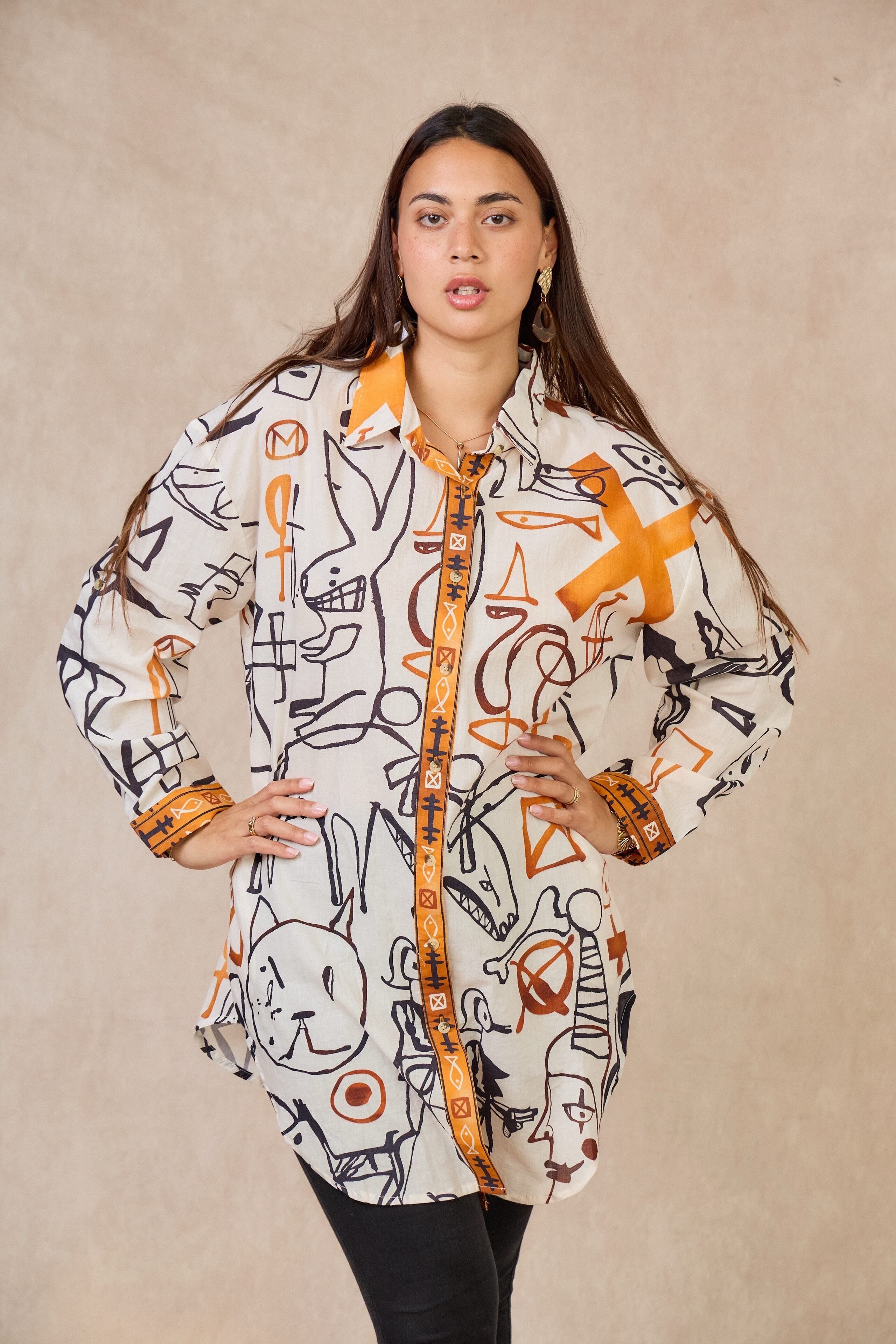 Long-sleeved printed cotton shirt