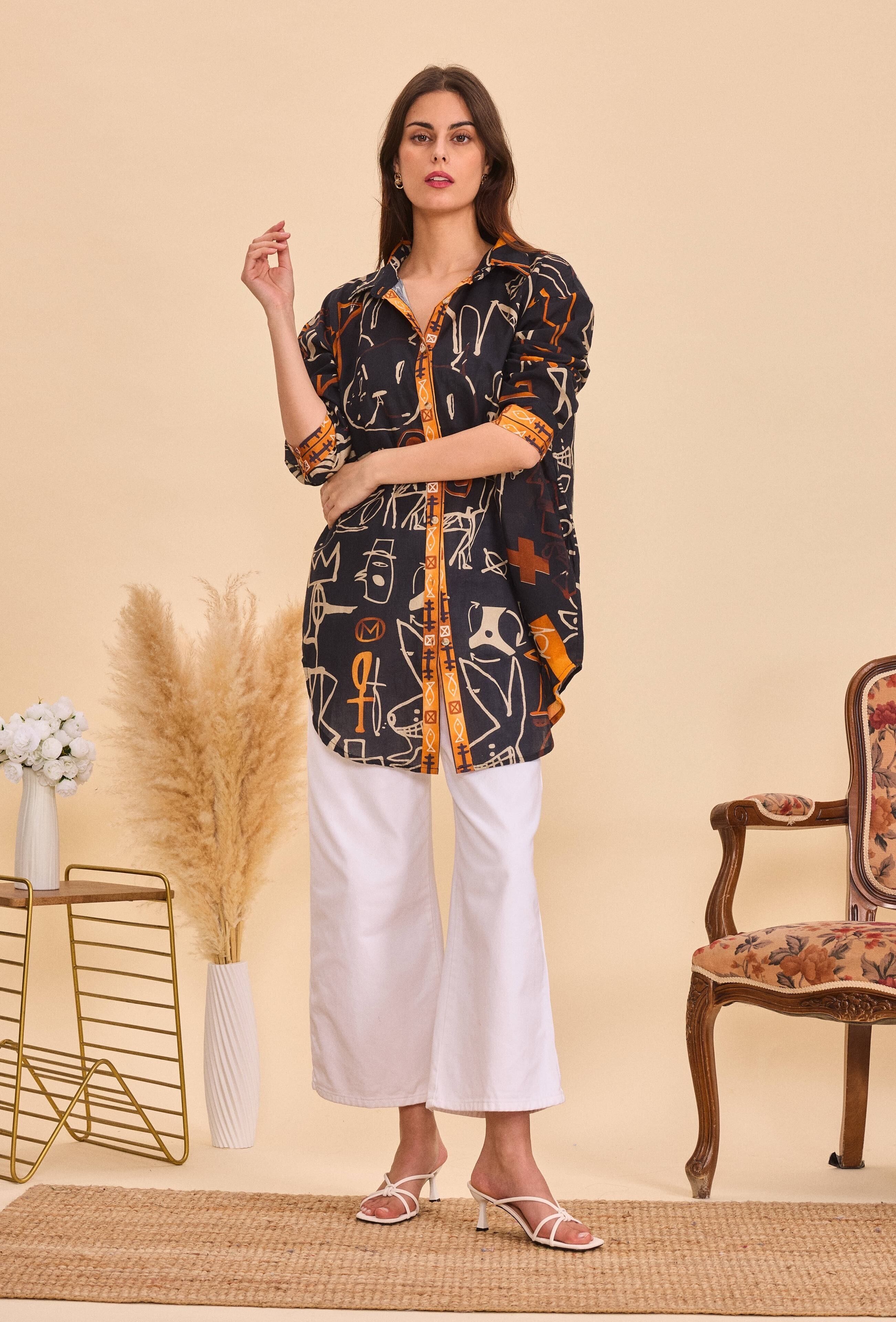 Long-sleeved printed cotton shirt