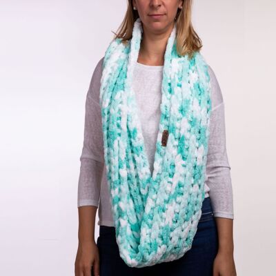 Infinity mint and white melange hand knit winter scarf