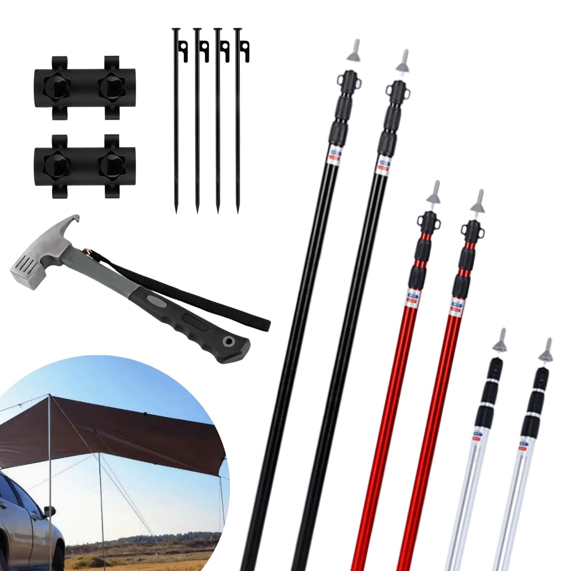 Adjustable tent poles/poles for annex tents, tarpaulins, and awnings - Foldable