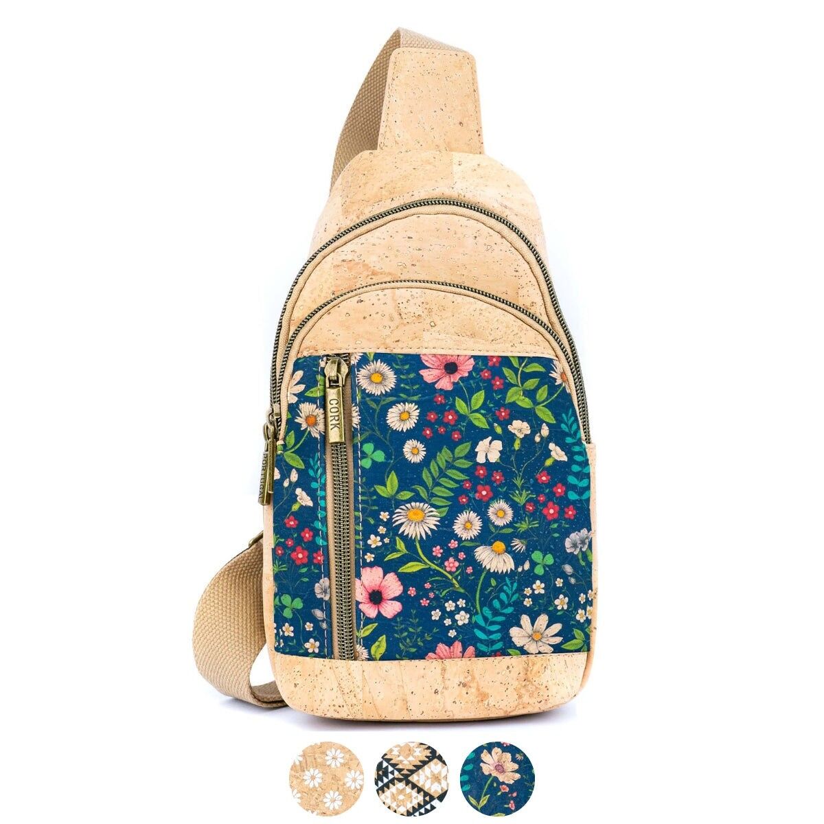 Kork-Umhängetasche mit verstellbarem Riemen – Blumen- und geometrische Muster, BAG-2374