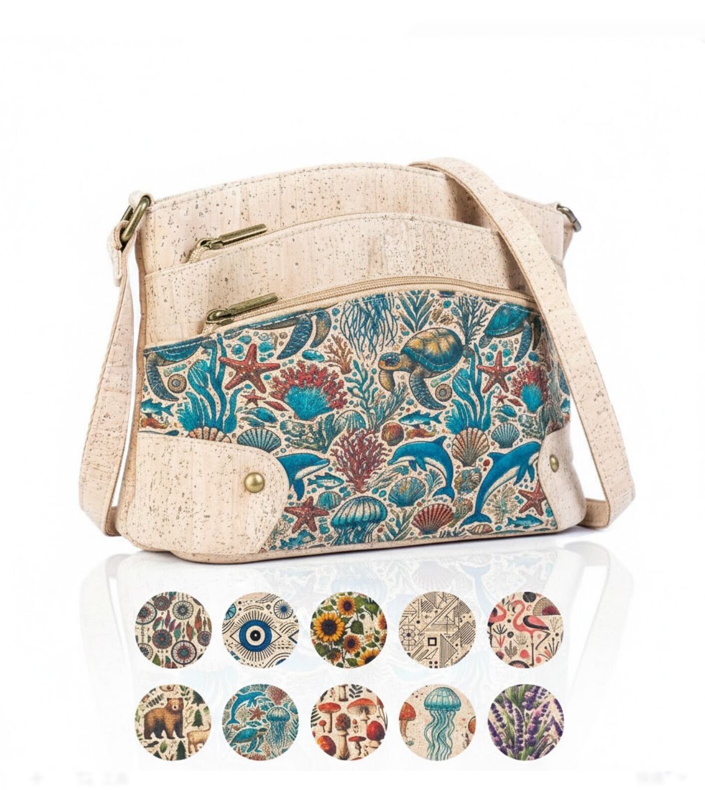 Kork-Umhängetasche mit mehreren Fächern und verstellbarem Schultergurt, Modell BAG-2394