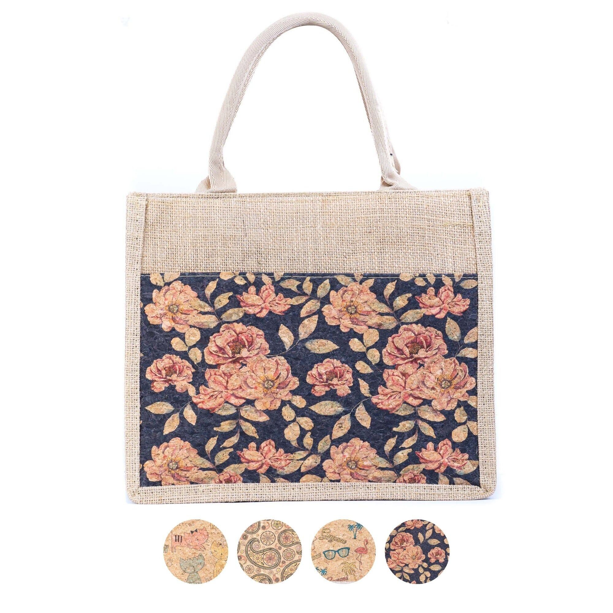 Handtasche aus Kork und Jute mit Blumenmuster, Modell BAG-2381