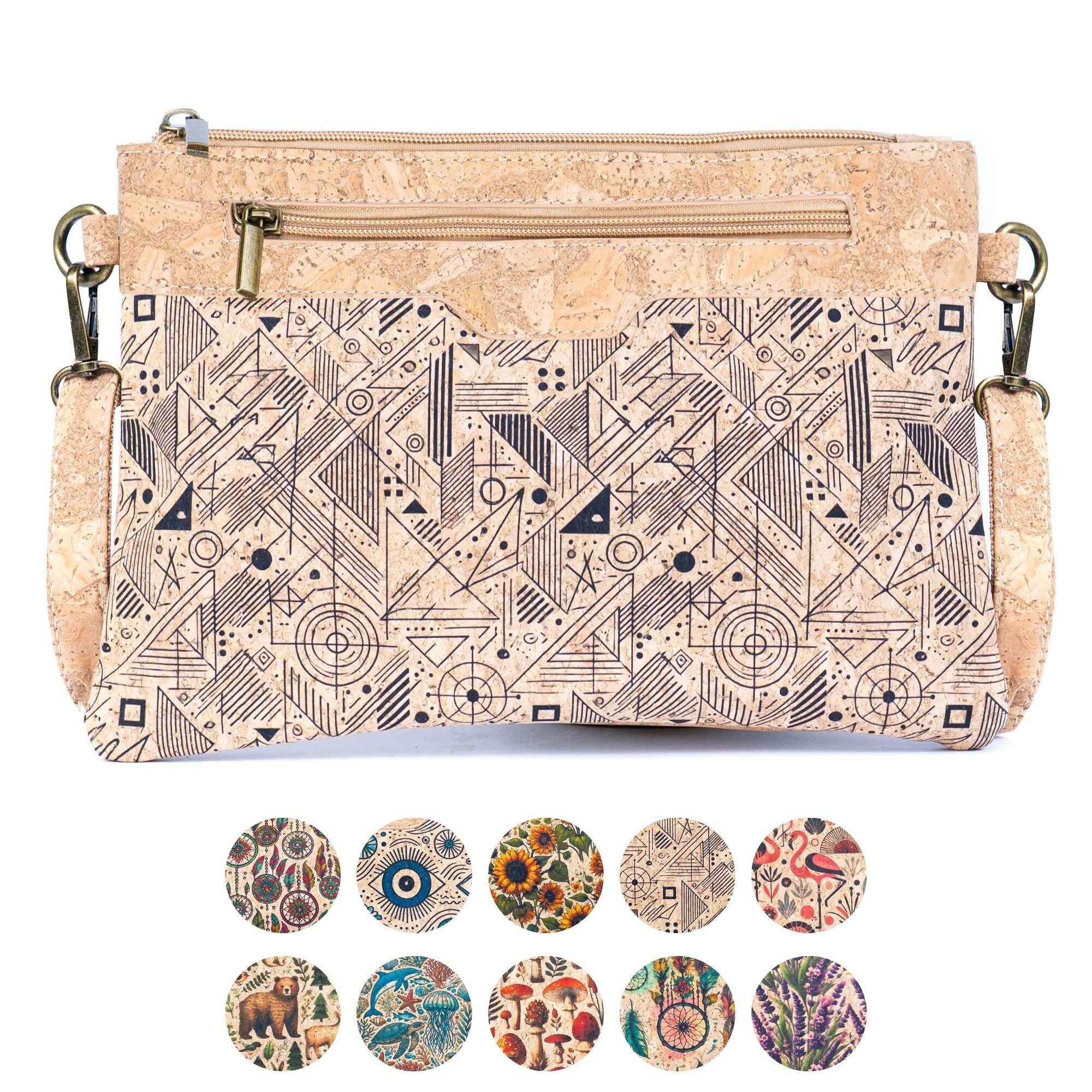 Bedruckte Umhängetasche und Clutch aus Naturkork, Modell BAG-2393