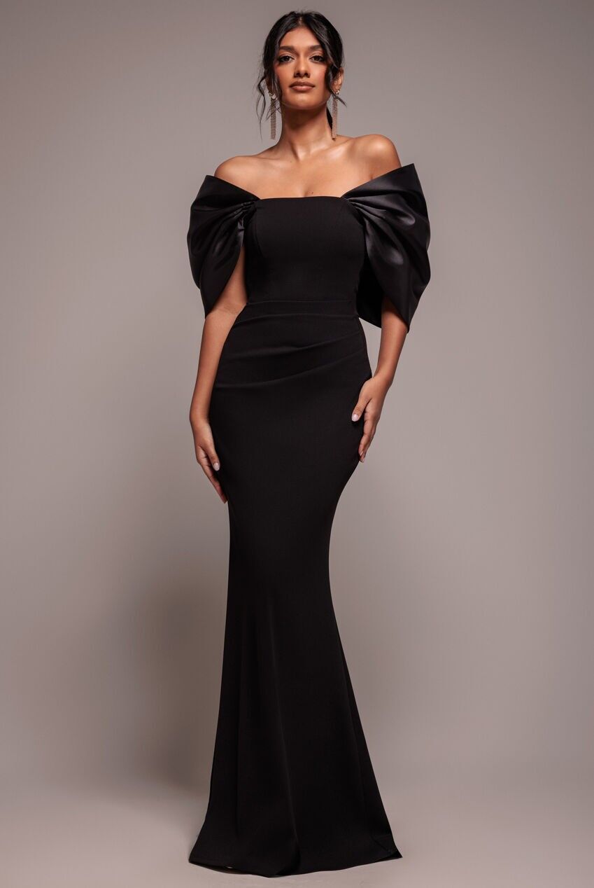 Goddiva schulterfreies Maxikleid aus Satin mit Schleife am Rücken (Scuba) DR 4708