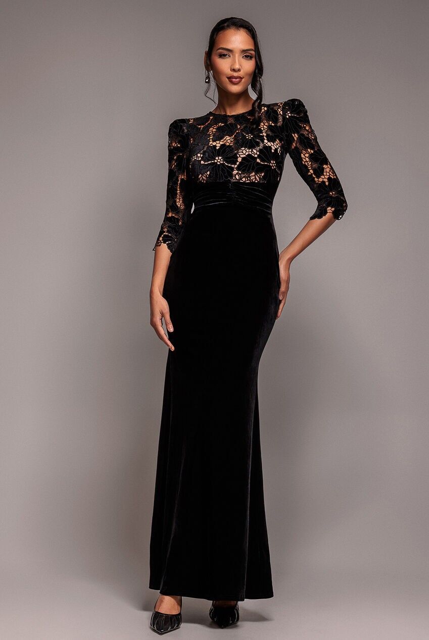 Goddiva Samt-Maxikleid mit Muschelkanten und Häkelmuster DR4386
