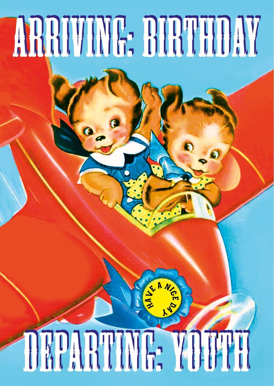 Arriving birthday Departing youth birthday card with vintage airplane