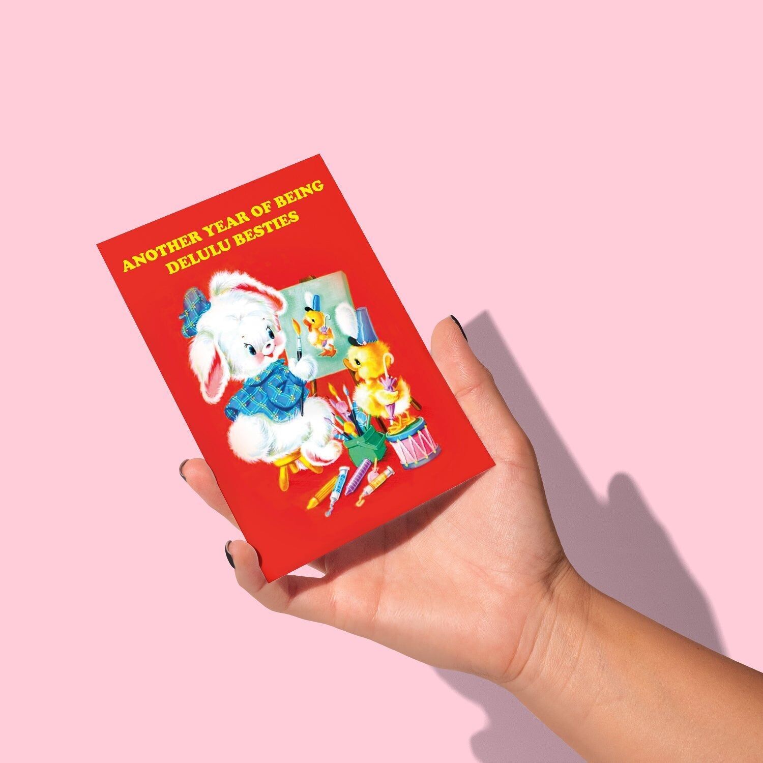 Another year of being delulu besties birthday card with rabbit and duck