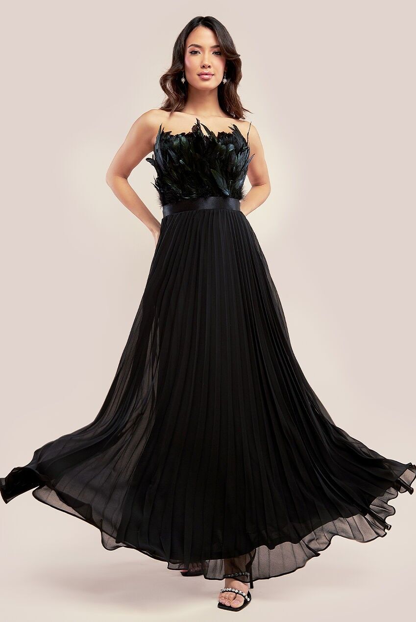 Goddiva Federbesetztes Chiffon-Maxikleid mit Falten und Ausschnitt, trägerlos, DR3233