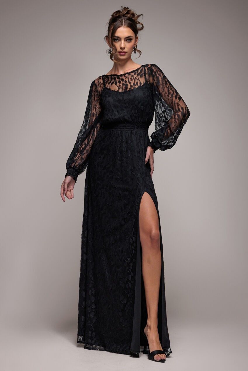 Goddiva Maxikleid aus Spitze mit langen Ärmeln und geraffter Taille DR4805